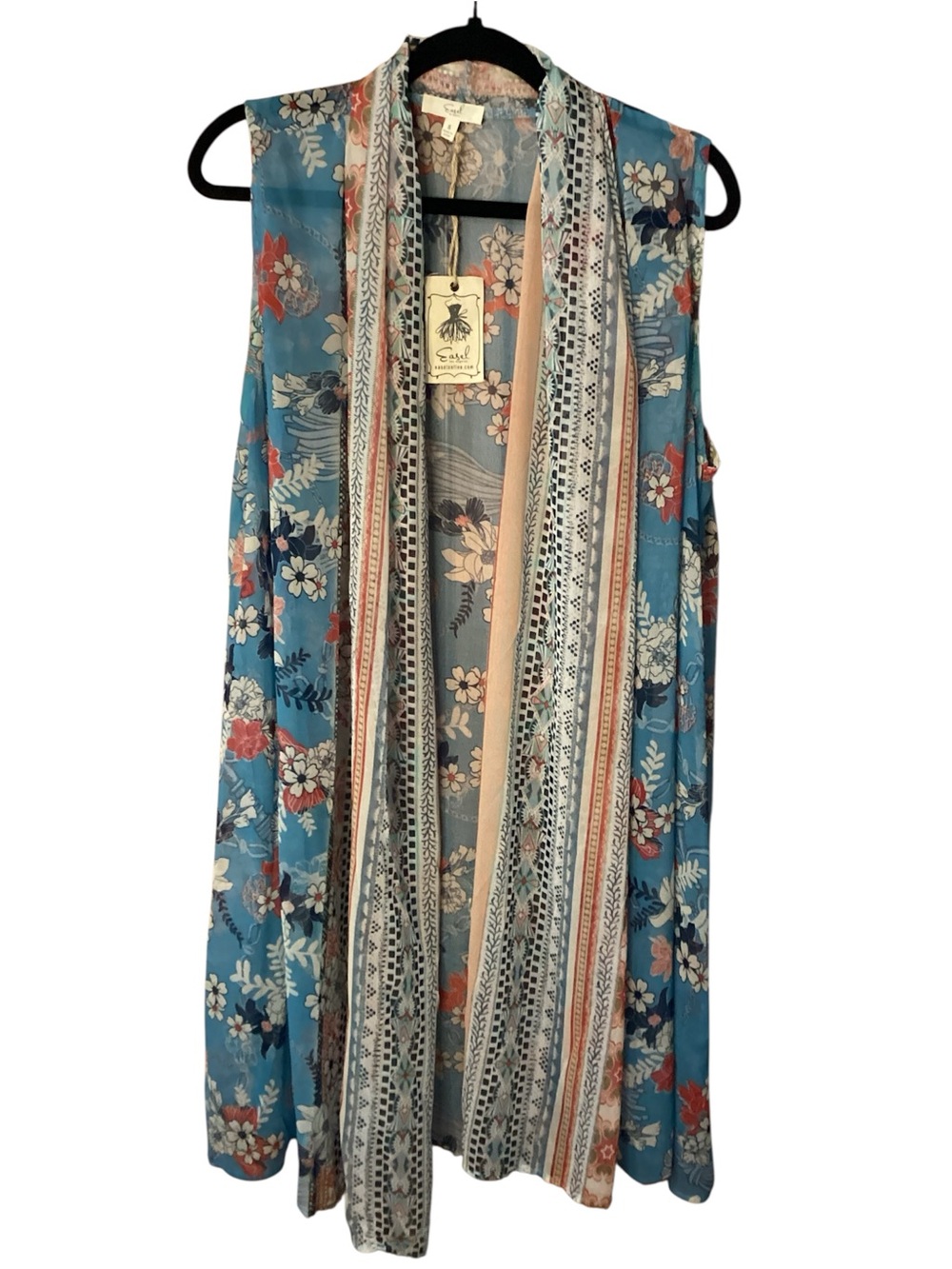 Easel Floral Print Open-Front Vest in Blue, Coral & Cream